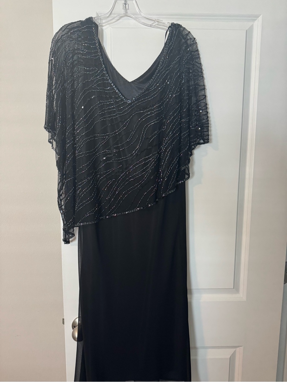 J Kara Black Beaded V-Neck Maxi Dress with Draped Overlay